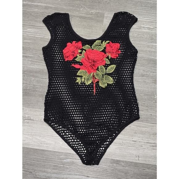 Papermoon Black Crochet w. Floral Red Rose Patched Sleeveless Tank Top Bodysuit - Picture 8 of 8